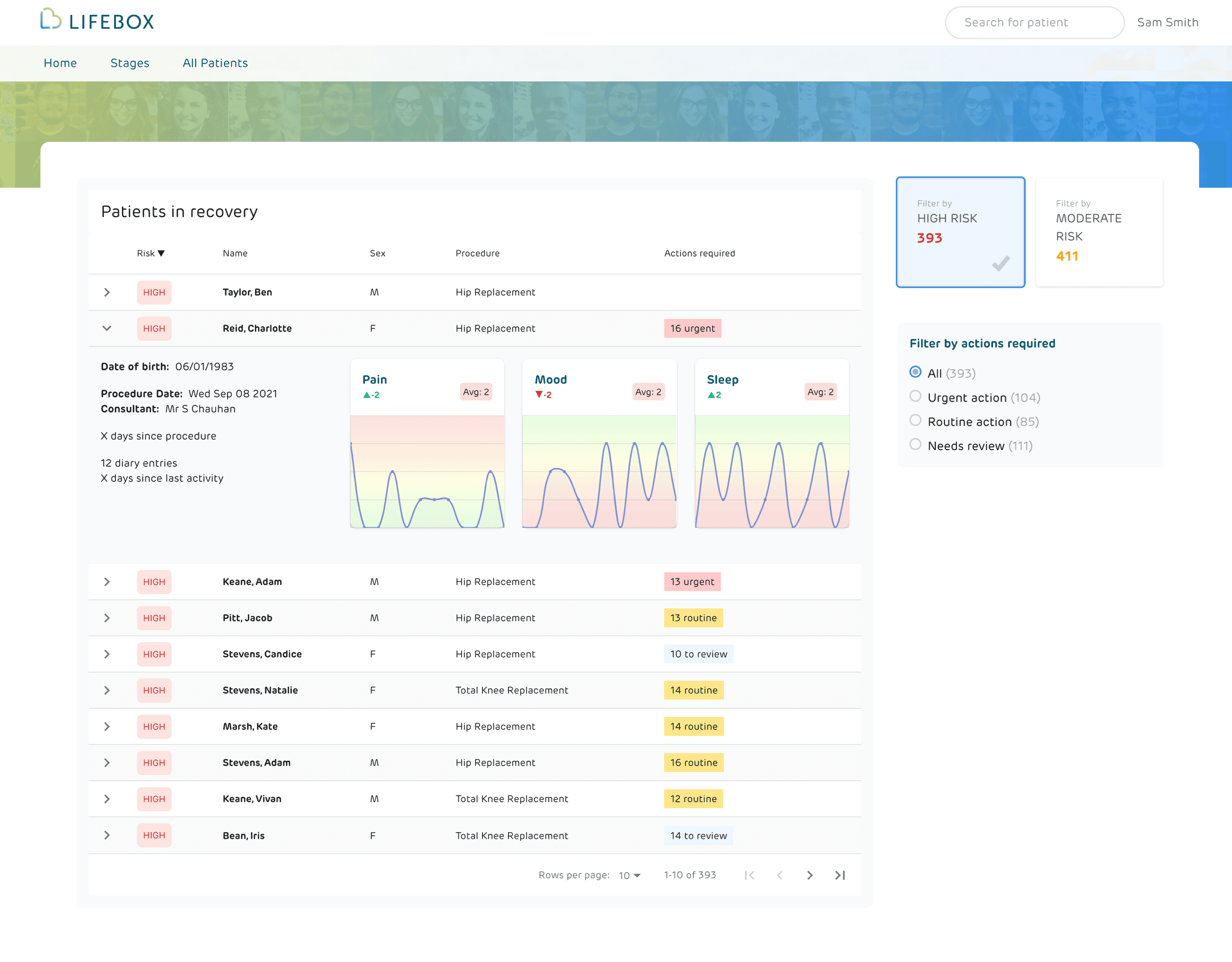 In app design for a clinician's view of a medical application called Lifebox