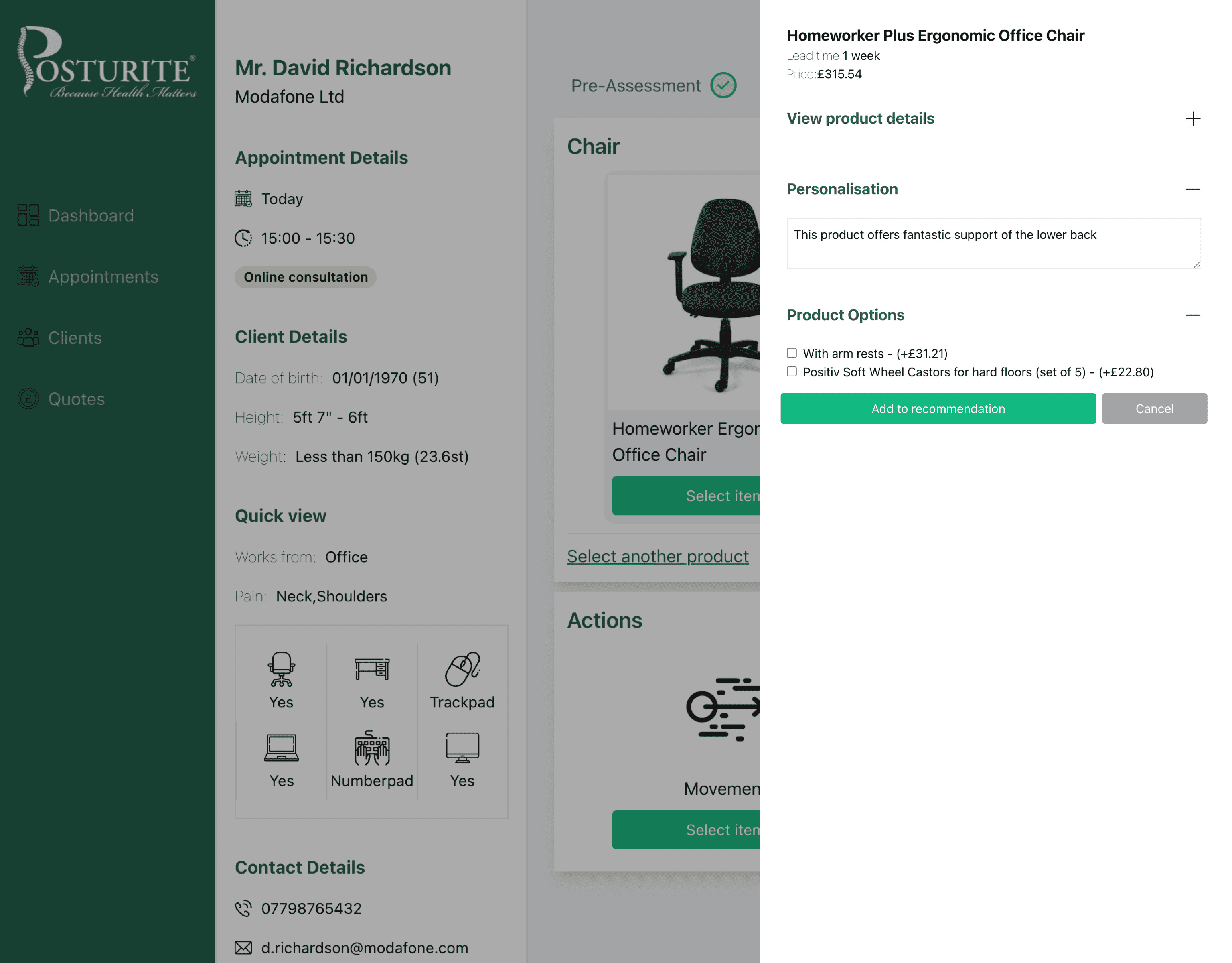 In app design for application for Posturite