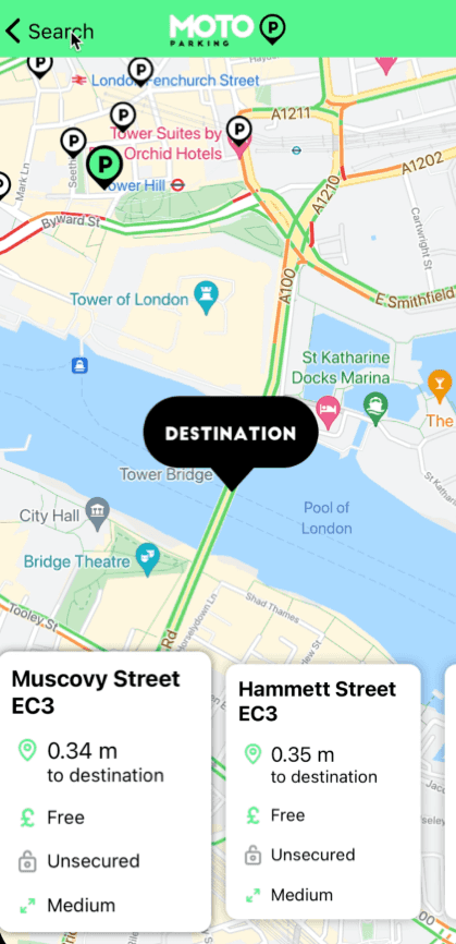 In app screen design for an app called Moto Parking